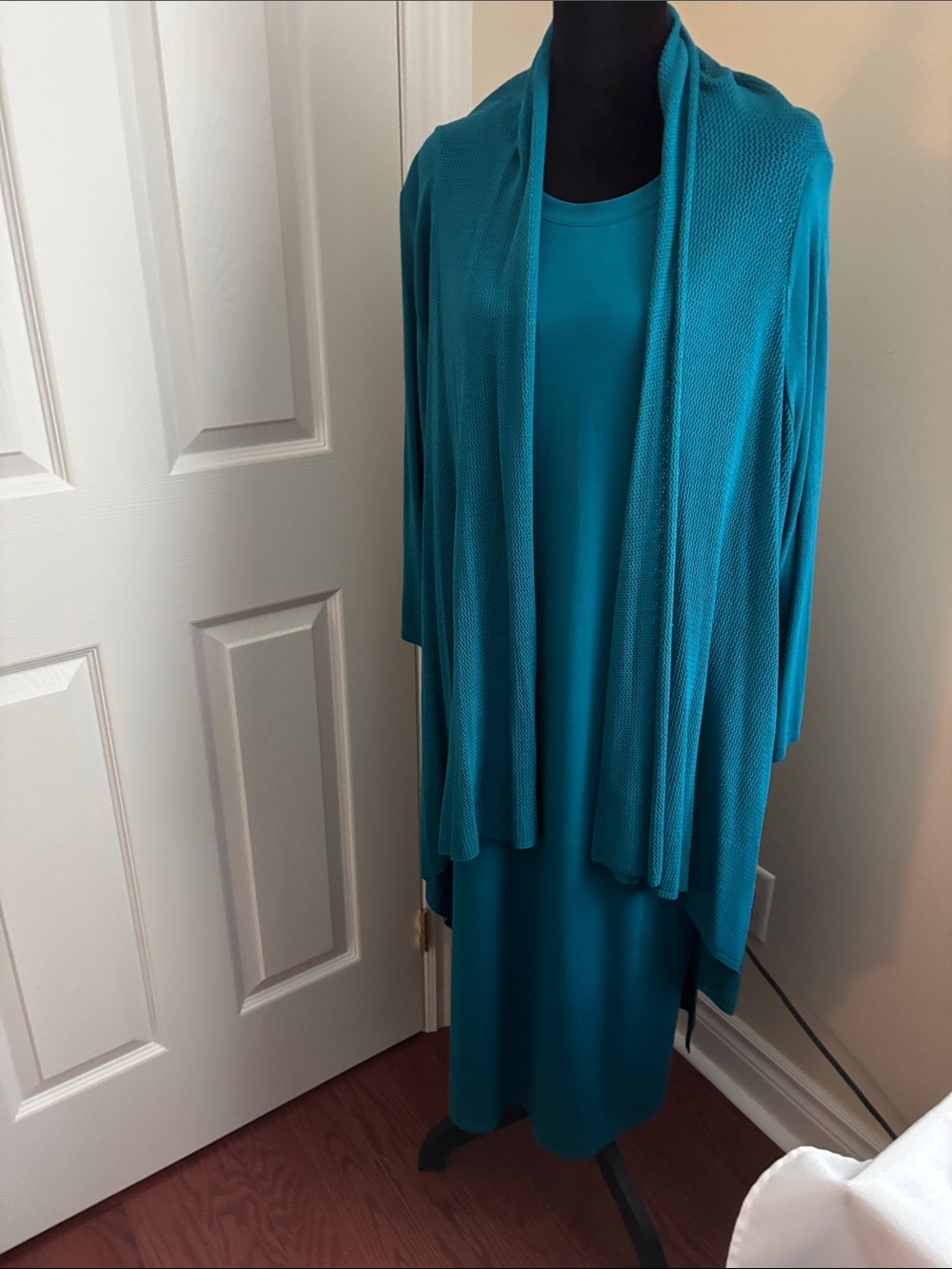 Eileen Fisher Teal Maxi Shift Dress M and Nue Options XL cardigan same color